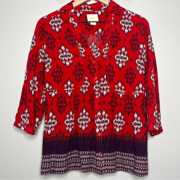 Maeve Anthropologie Women Top 4 Red Paisley Woodland Walk Button Down Shirt - Picture 2 of 11
